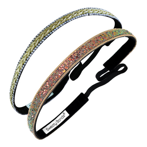 2 Pack | Bling | Rise and Shine | Bling it On Gold | 3/8 Inch Sweaty Bands Non Slip Headband