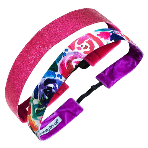 2 Pack | Flower Bomb | Metallic Shimmer Bright Pink | 1 Inch Sweaty Bands Non Slip Headband