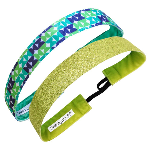 2 Pack | Groovy | Metallic Shimmer Green | 1 Inch Sweaty Bands Non Slip Headband