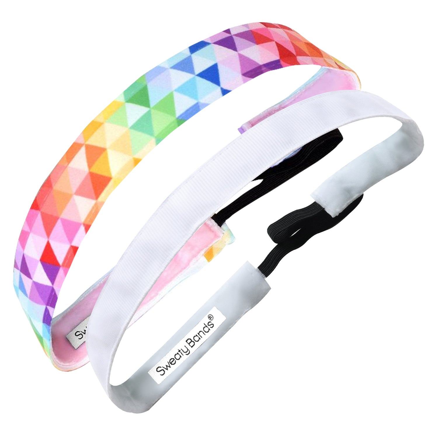 2 Pack | Love Triangle Multi 1 Inch | Rock Solid White 5/8 Inch Sweaty Bands Non Slip Headband