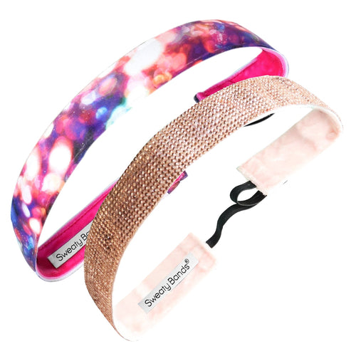 2 Pack | Shine Pink Navy | Bling Glitterati Blush | 1 Inch Sweaty Bands Non Slip Headband