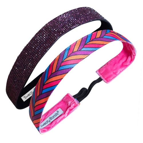 2 Pack | Sick and Twisted Purple Pink Orange | Glitterati Purple | 1 Inch Sweaty Bands Non Slip Headband