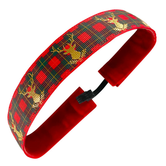 Holiday | Golden Plaid Prancer | Red, Black, Gold | 1 Inch Sweaty Bands Non Slip Headband