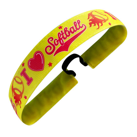 Love at First Pitch Softball | Yellow, Pink | 1 Inch Sweaty Bands Non Slip Headband