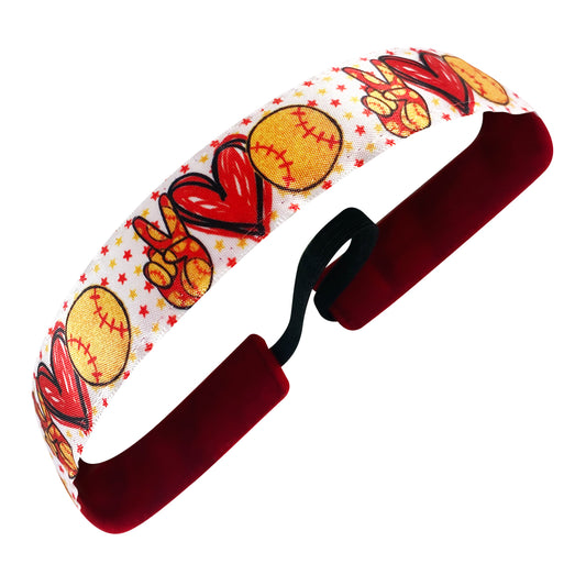 Peace, Love, Softball | Yellow, Red | 1 Inch Sweaty Bands Non Slip Headband