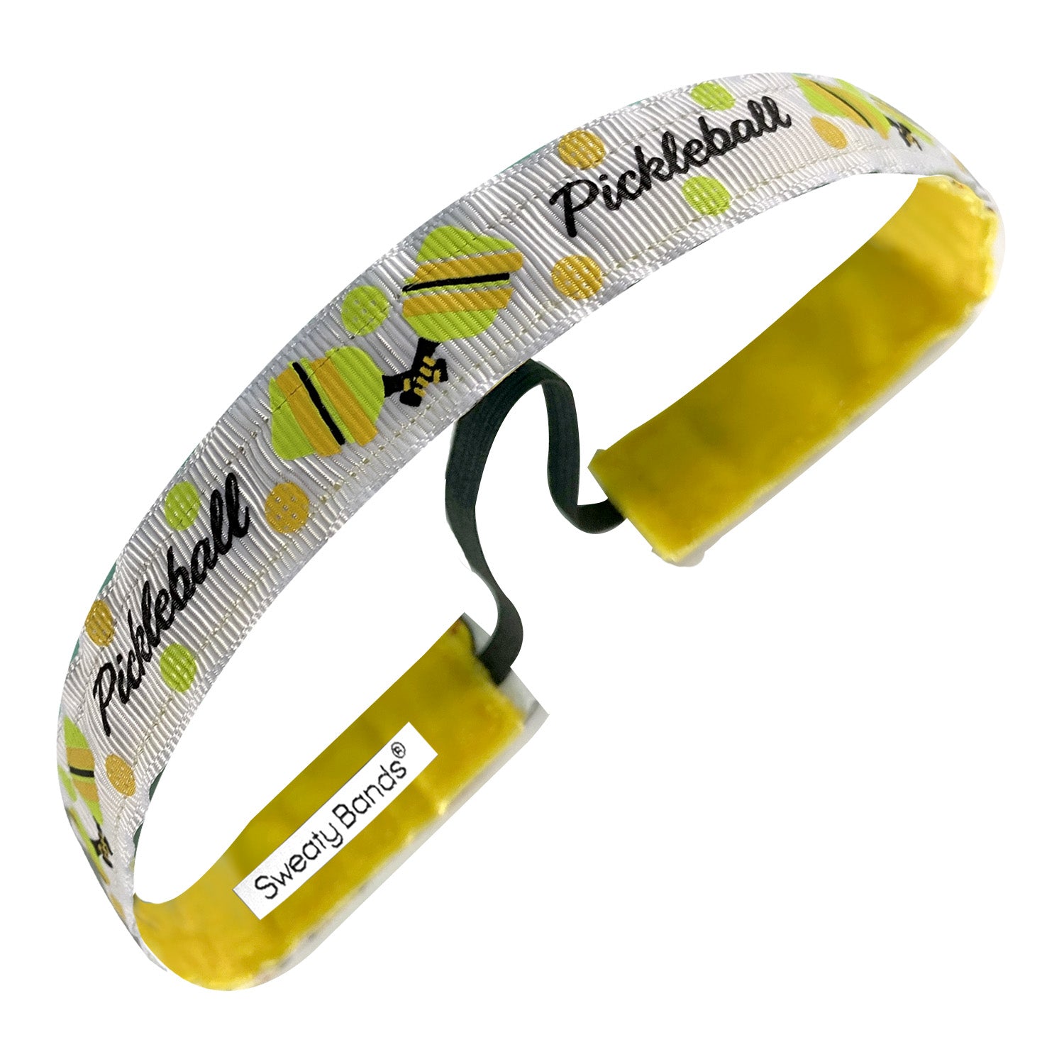 Pickleball | Script and Rackets | White, Black Yellow | 5/8 Inch Sweaty Bands Non Slip Headband