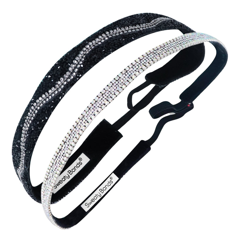 2 Pack | Bling | Swerve Black, Silver | Iridescent Ice Silver Sweaty Bands Non Slip Headband
