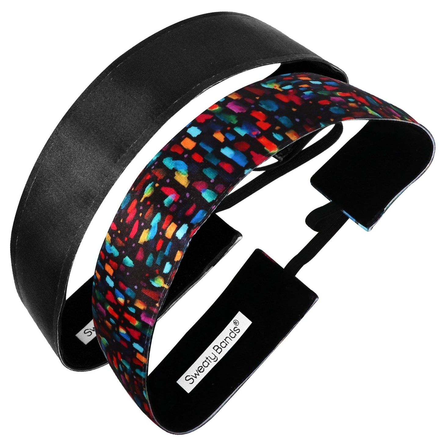 2 Pack | Confetti Multi, Wicked Black | 1.5 Inch Sweaty Bands Non Slip Headband