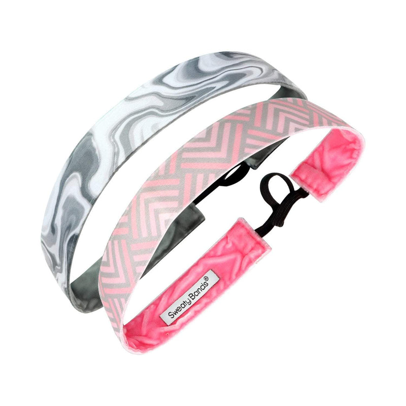 2 Pack | Deco Diamonds Pink, Holographic Black | 1 Inch Sweaty Bands Non Slip Headband