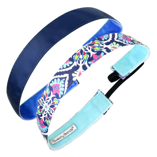 2 Pack | Fiesta Blue, Rock Solid Navy | 1 Inch Sweaty Bands Non Slip Headband