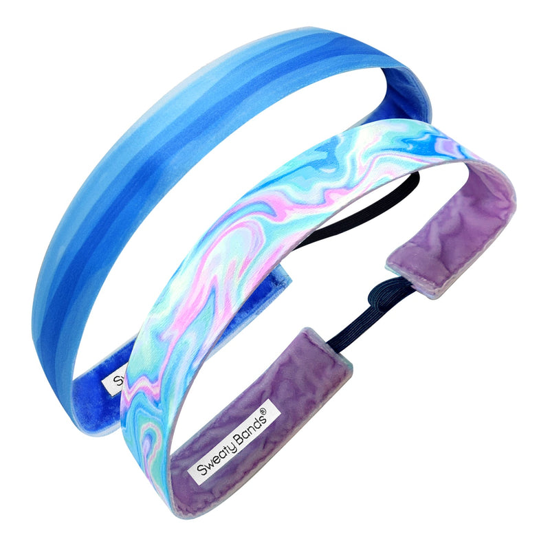 2 Pack | Holographic Multi | Watercolors Blue | 1 Inch Sweaty Bands Non Slip Headband