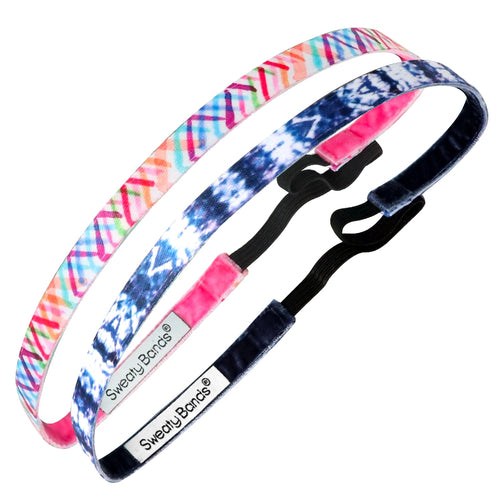 2 Pack | Shibori Blue | Don't Cross Me White, Multi | 3/8 Inch Sweaty Bands Non Slip Headband