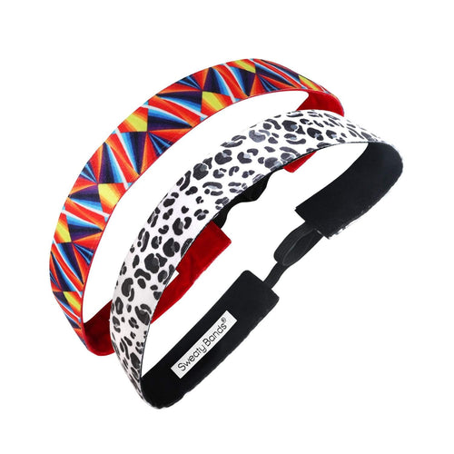 2 Pack | Snow Leopard White, Prismatic Multi | 1 Inch Sweaty Bands Non Slip Headband