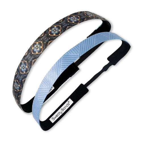2 Pack | Understated Black, Finish Line Blue | 5/8 Inch Sweaty Bands Non Slip Headband