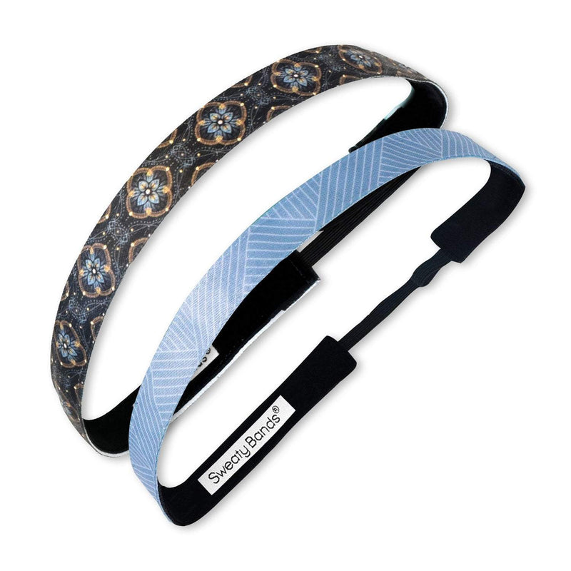 2 Pack | Understated Black, Finish Line Blue | 5/8 Inch Sweaty Bands Non Slip Headband