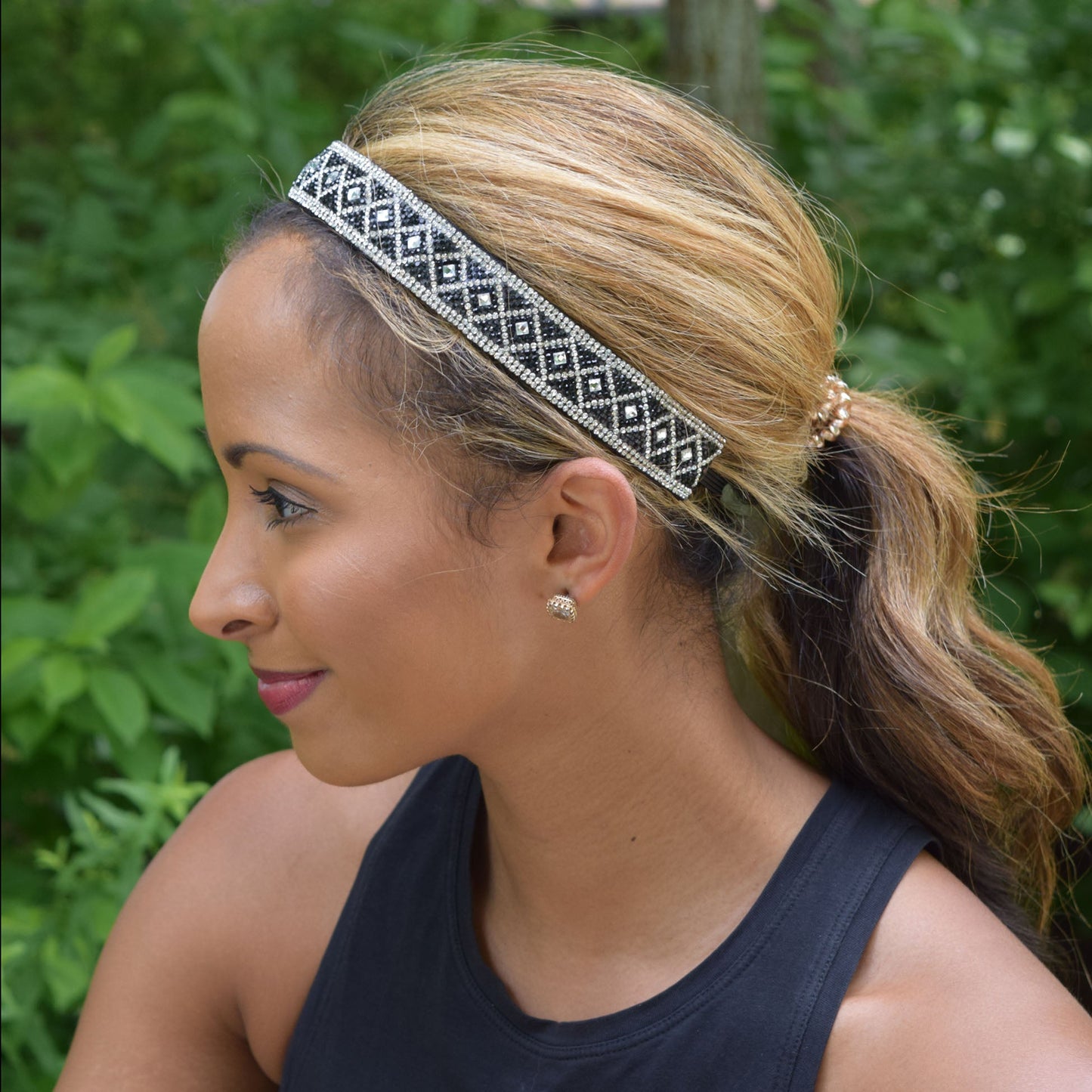 Petite | Bling | Queening | Silver, Black | 1 Inch Sweaty Bands Non Slip Headband