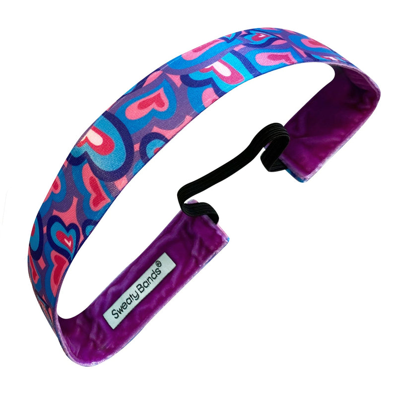 Valentine | Groovy Hearts | Blue, Pink, Purple | 1 Inch Sweaty Bands Non Slip Headband